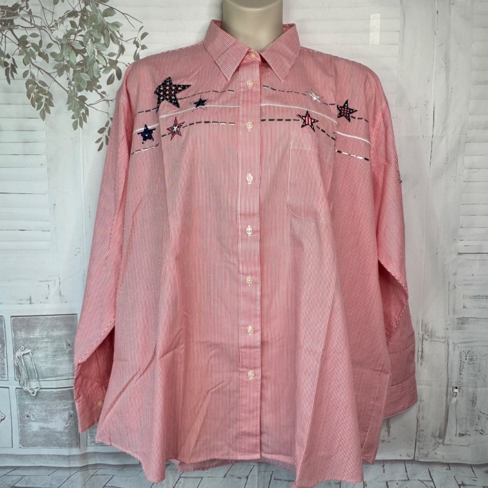 VTG P.G.B. Red White Pin Strip Americana Stars LS Button Up Blouse Top Plus 2X